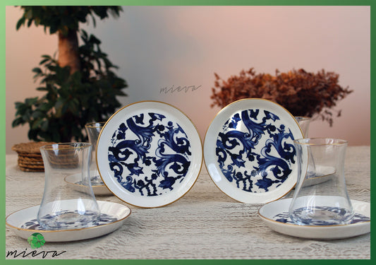 Elegant Porcelain Tea Cup Set of 6 - Baroque Blue Scrolls