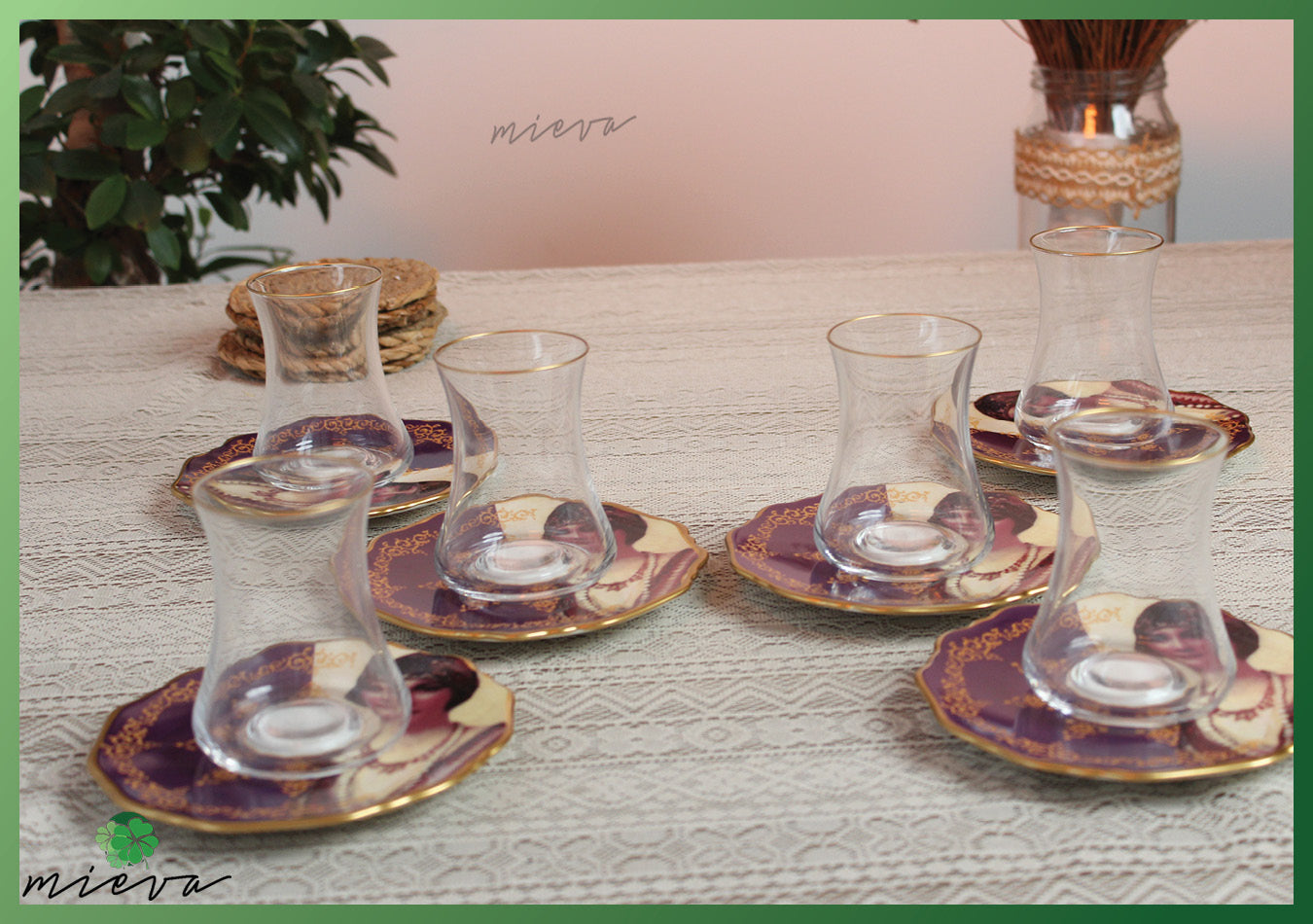 Elegant Vintage Tea Set with Golden Trim and Portrait Saucers