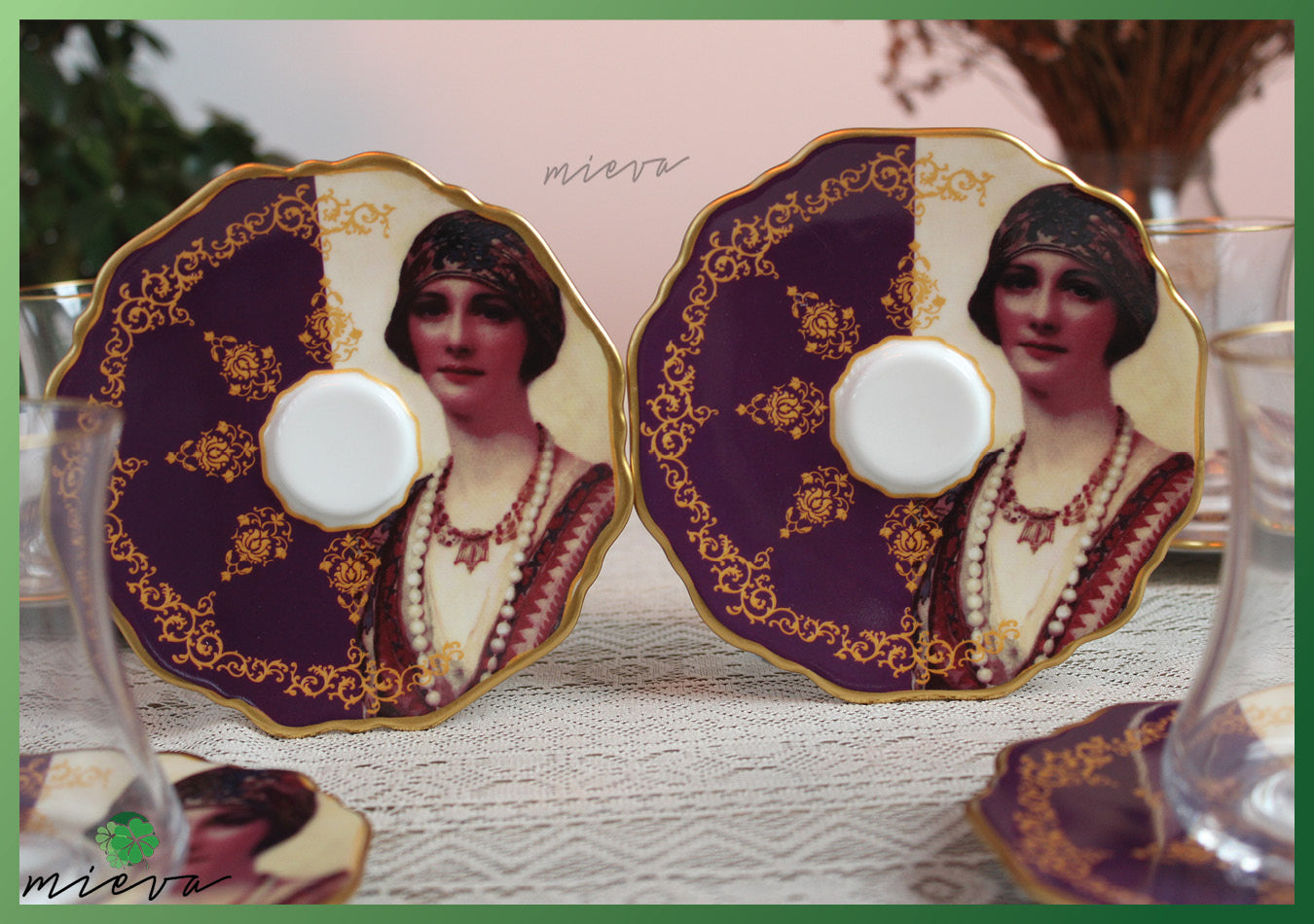 Elegant Vintage Tea Set with Golden Trim and Portrait Saucers