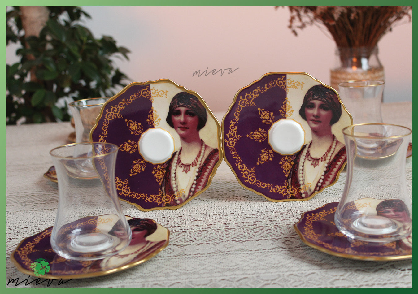 Elegant Vintage Tea Set with Golden Trim and Portrait Saucers