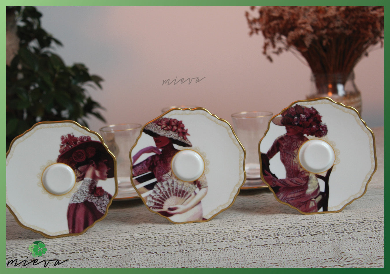 Victorian Lady Print Porcelain Tea Set with Gold Accents