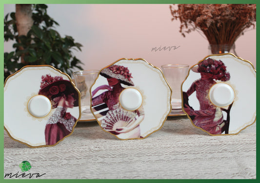 Victorian Lady Print Porcelain Tea Set with Gold Accents