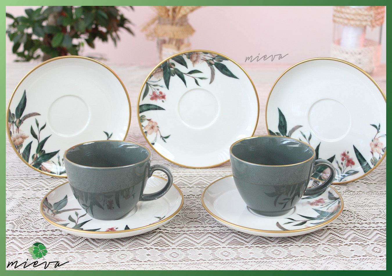 Elegant Floral Cup Set with Gold Trim