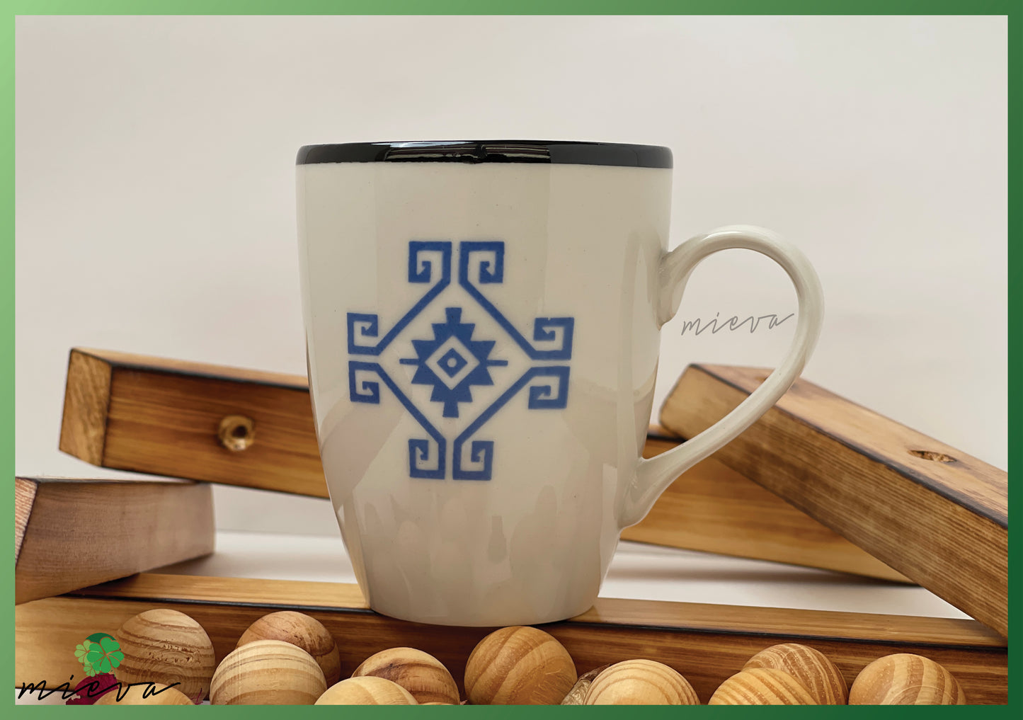 Geometric Tribal Mug - Sleek White with Blue Highlights