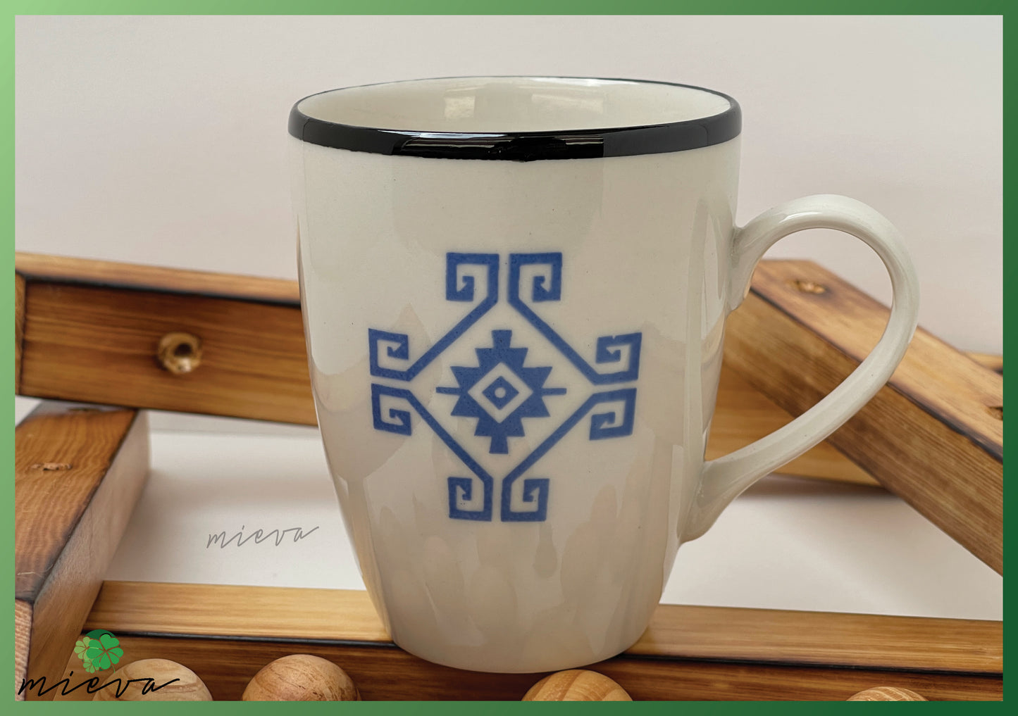 Geometric Tribal Mug - Sleek White with Blue Highlights