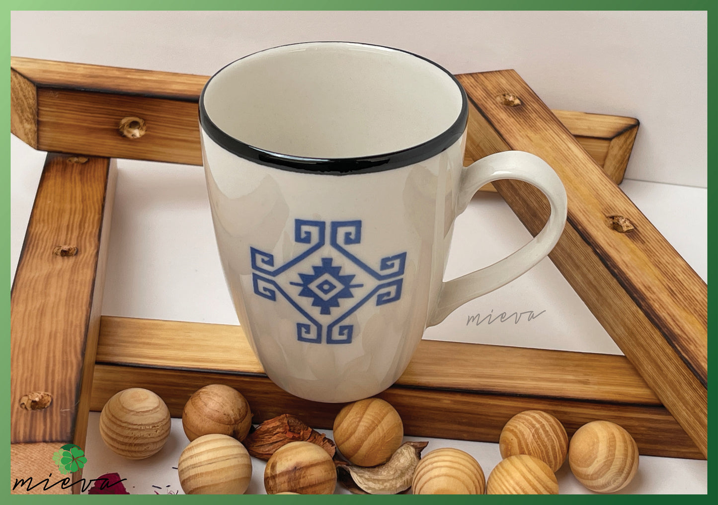 Geometric Tribal Mug - Sleek White with Blue Highlights