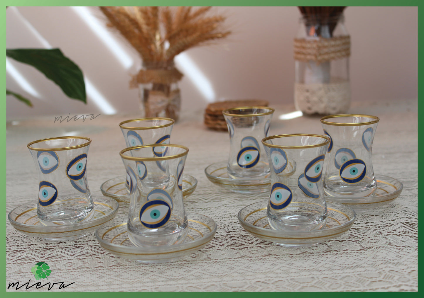 Elegant Glass Tea Set with Gold Rim - 6 Cups (Evil Eye Motif)