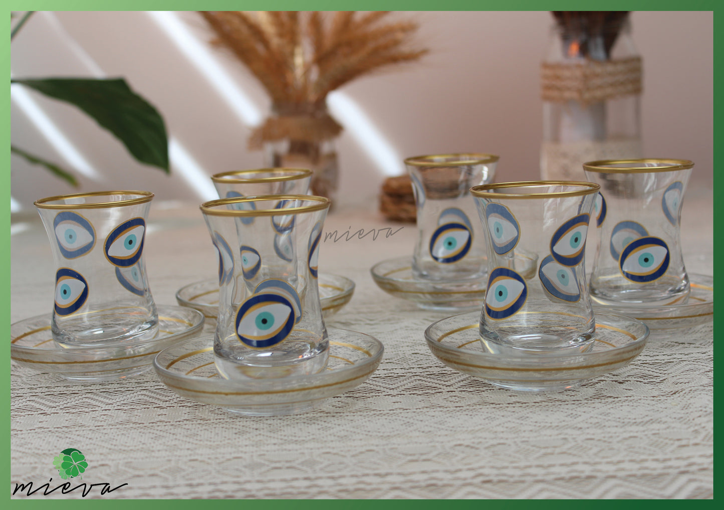 Elegant Glass Tea Set with Gold Rim - 6 Cups (Evil Eye Motif)