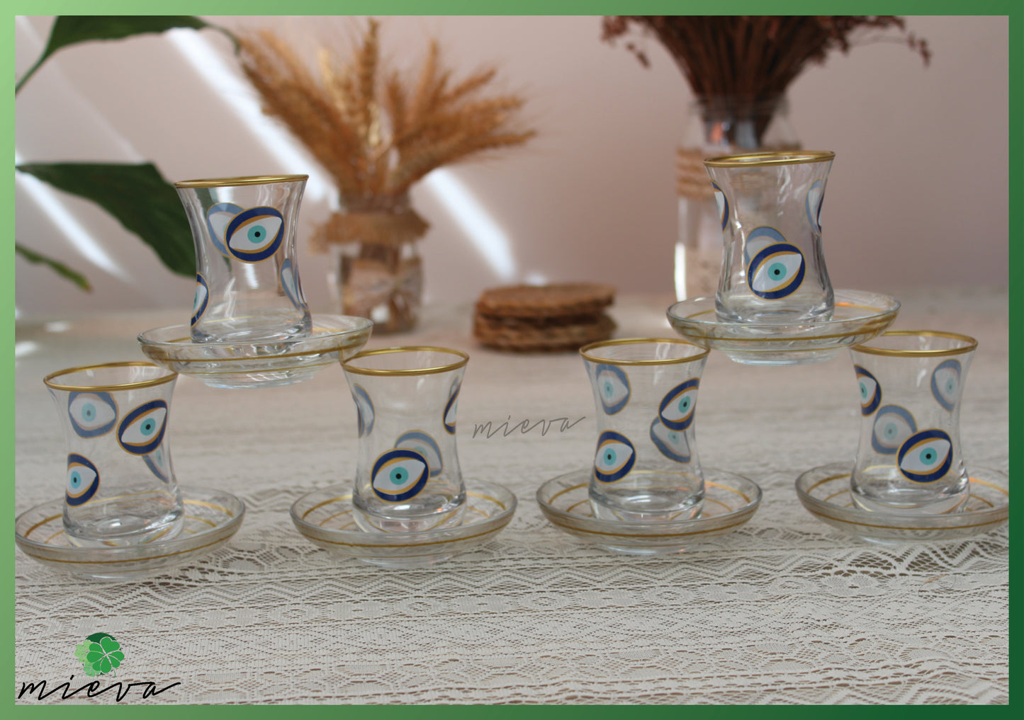 Elegant Glass Tea Set with Gold Rim - 6 Cups (Evil Eye Motif)