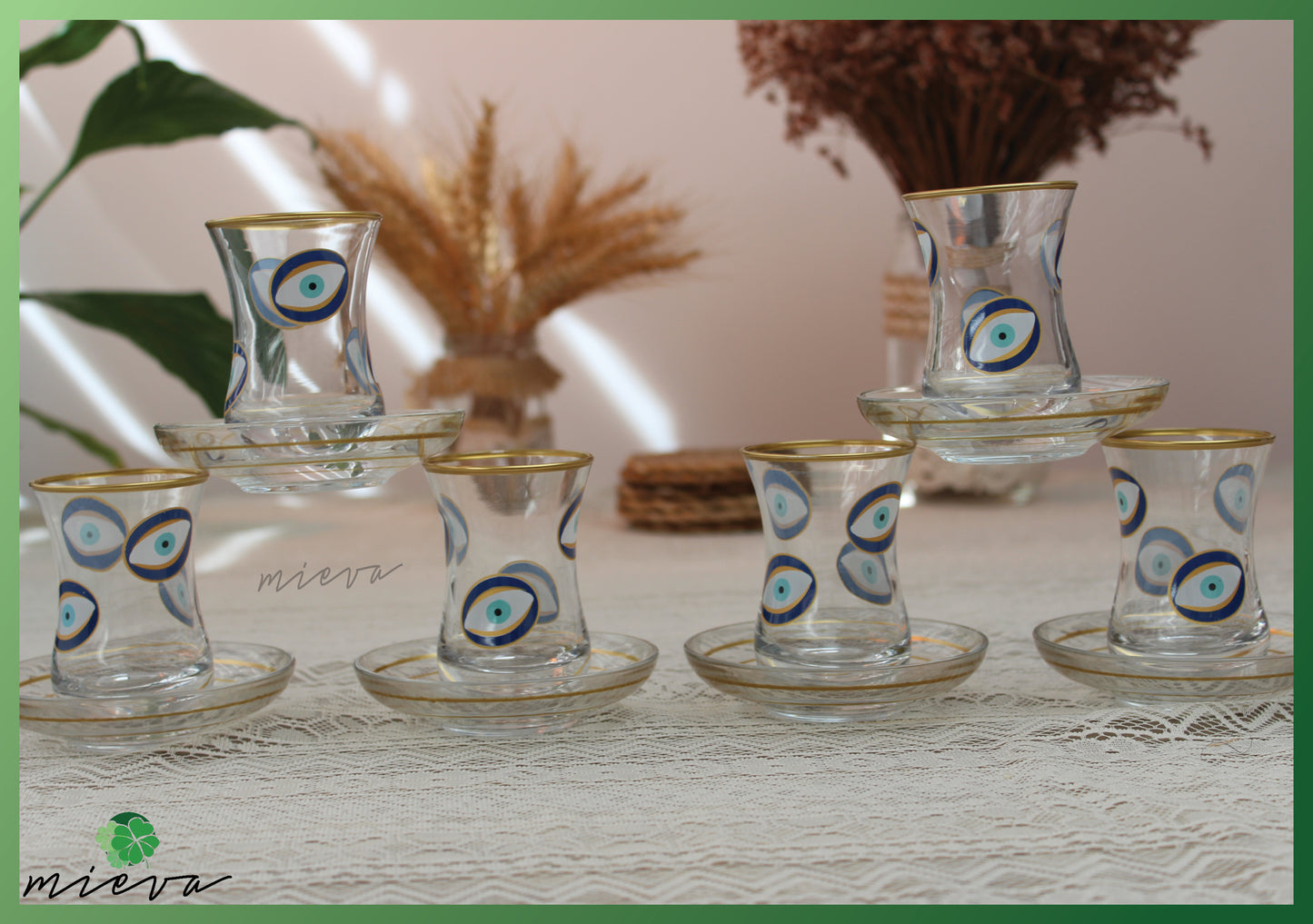 Elegant Glass Tea Set with Gold Rim - 6 Cups (Evil Eye Motif)