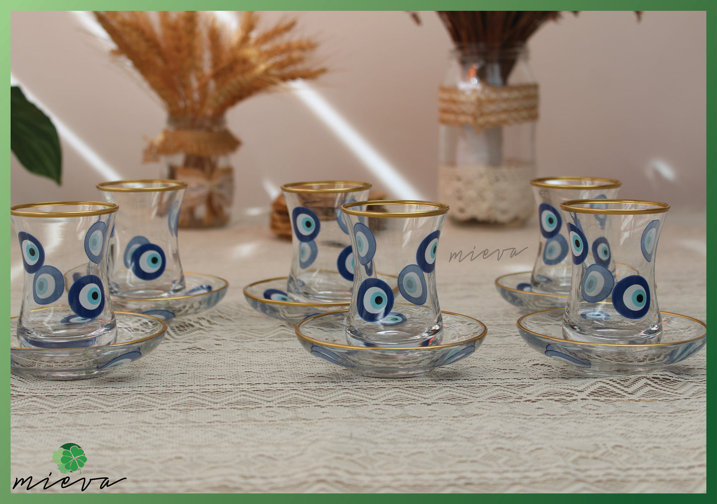 Elegant Glass Tea Set with Gold Rim - 6 Cups (Nazar Amulet Design)