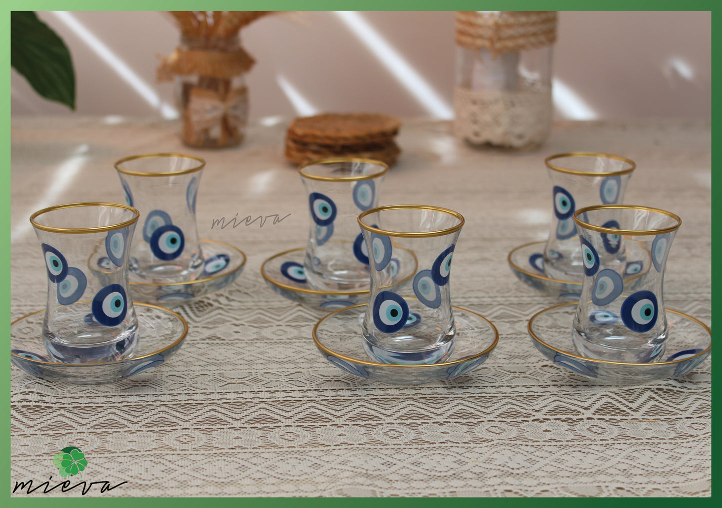 Elegant Glass Tea Set with Gold Rim - 6 Cups (Nazar Amulet Design)