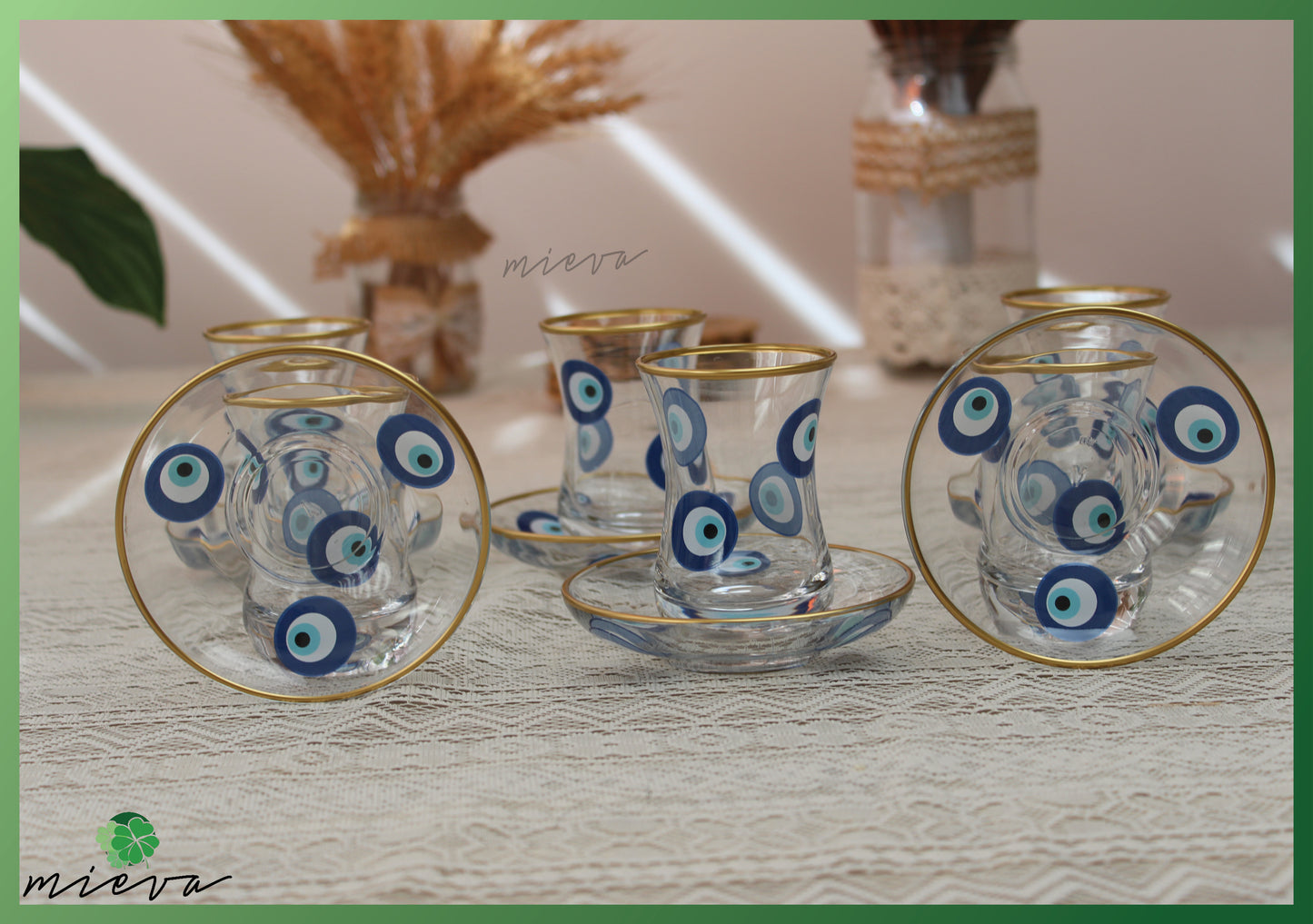 Elegant Glass Tea Set with Gold Rim - 6 Cups (Nazar Amulet Design)