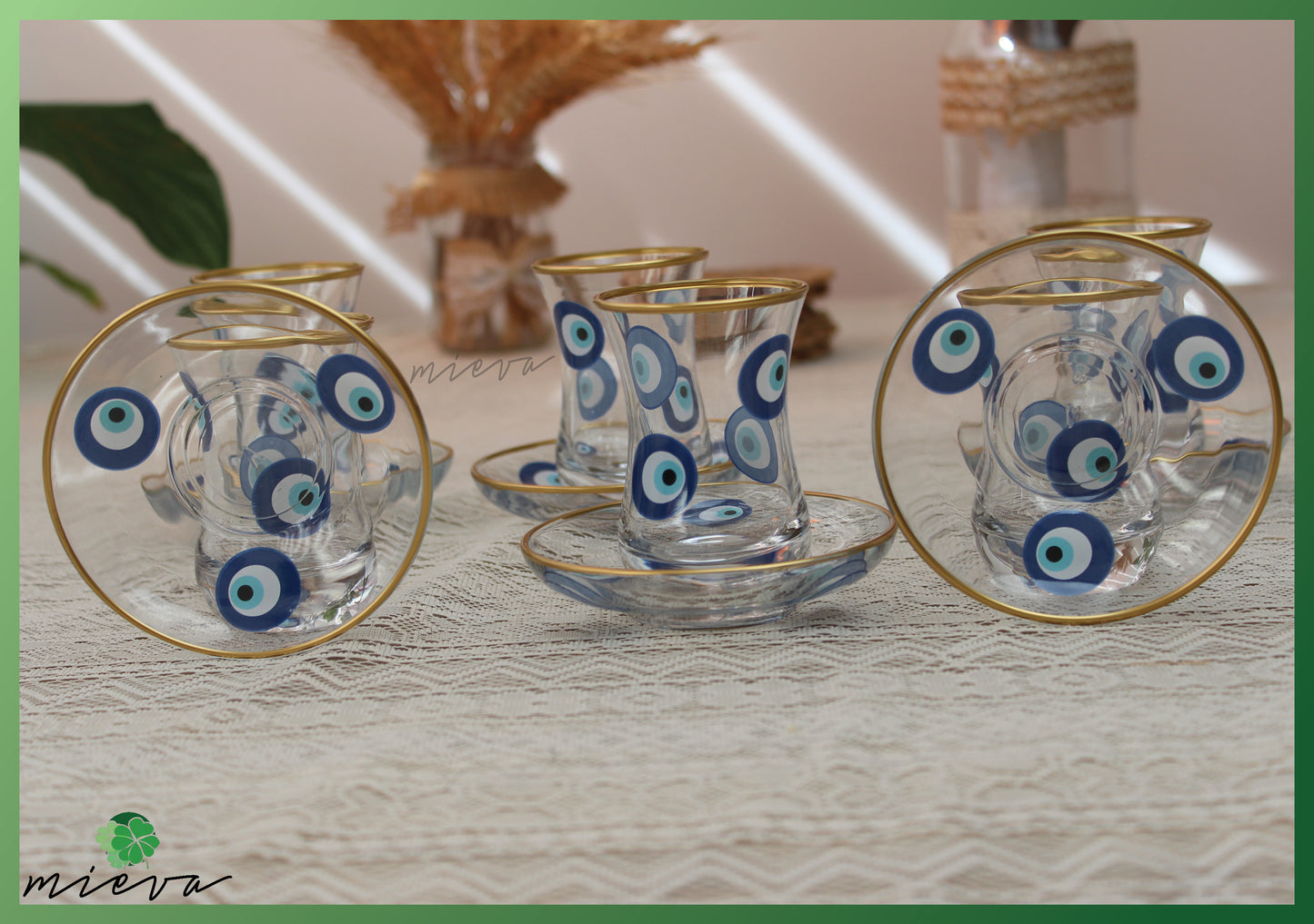 Elegant Glass Tea Set with Gold Rim - 6 Cups (Nazar Amulet Design)