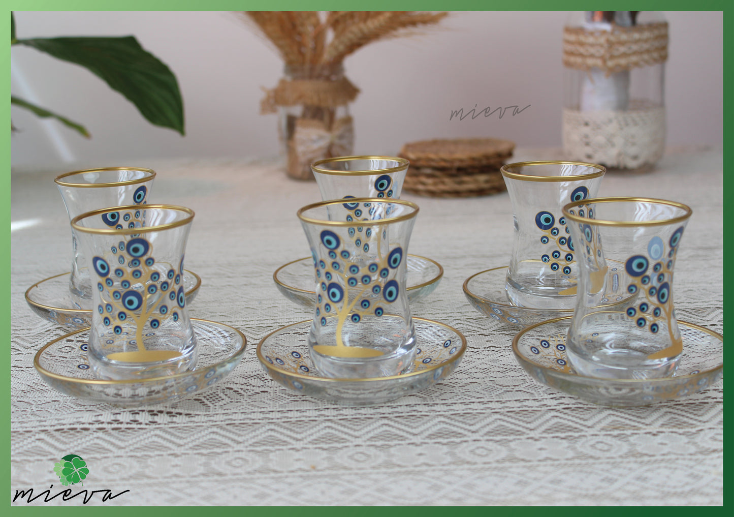 Elegant Glass Tea Set with Gold Rim - 6 Cups (Tree of Life Design)