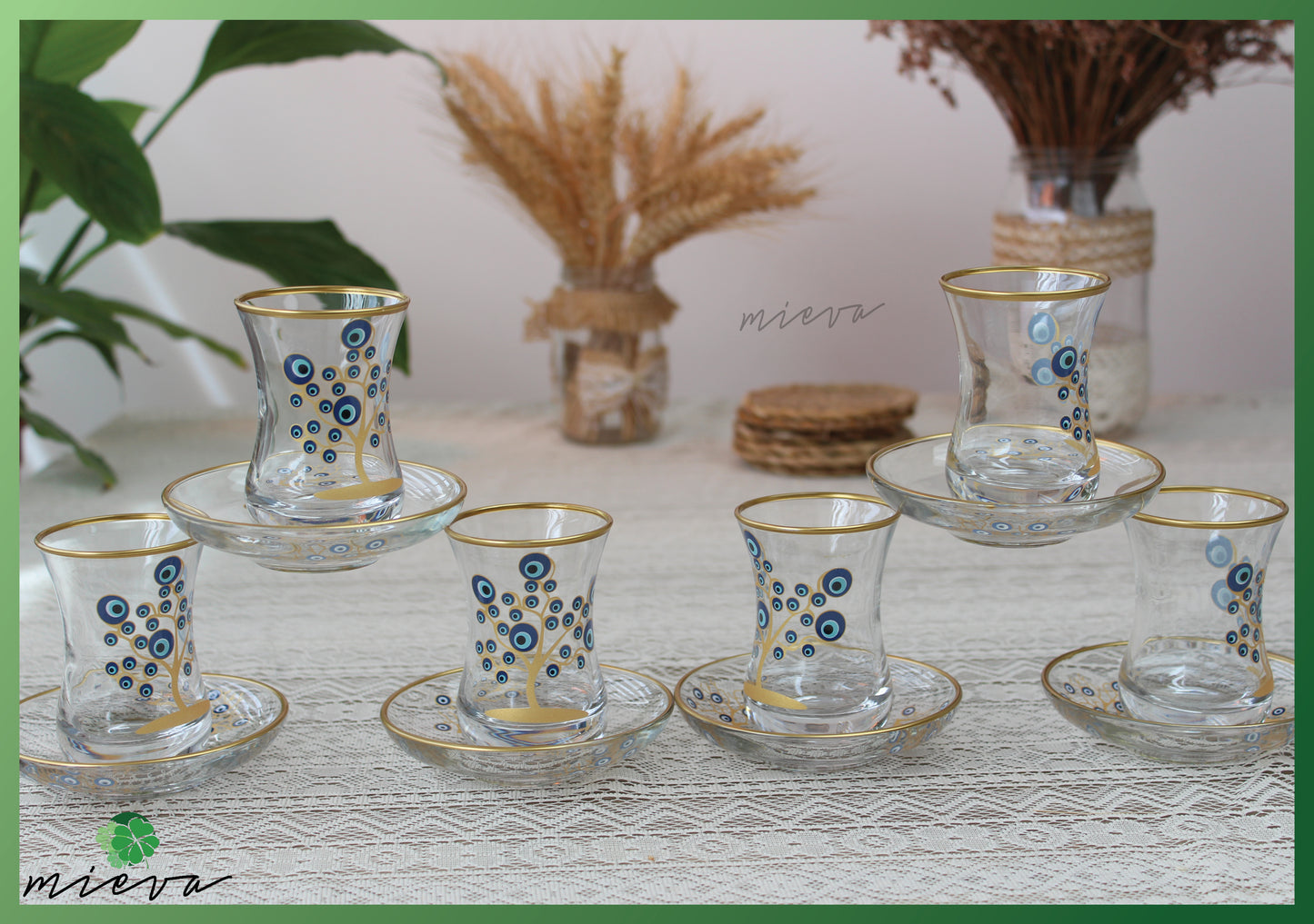 Elegant Glass Tea Set with Gold Rim - 6 Cups (Tree of Life Design)