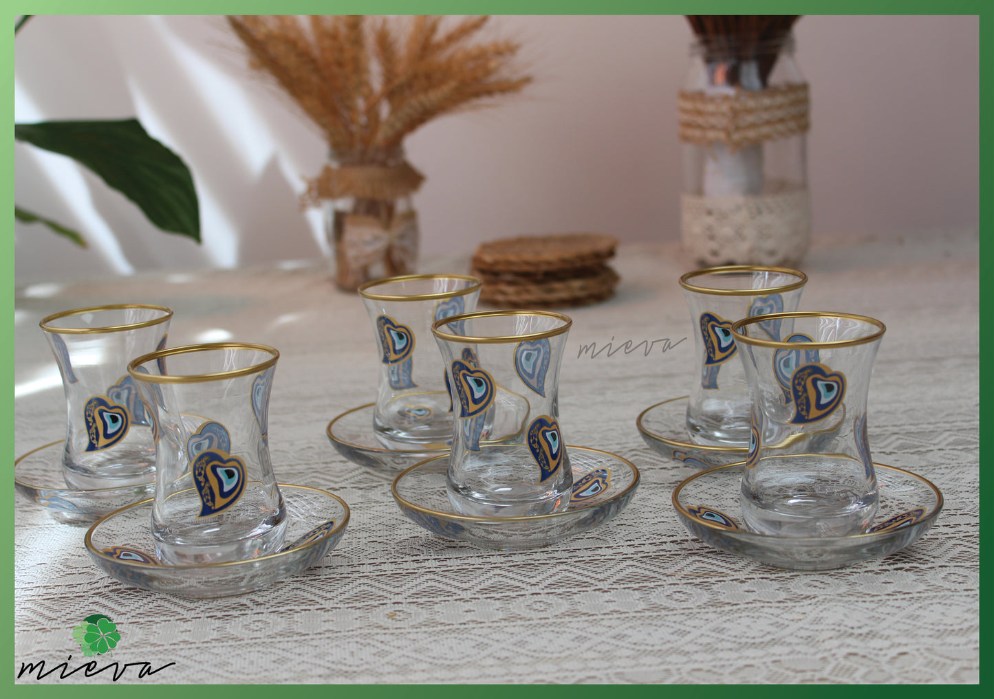 Elegant Glass Tea Set with Gold Rim - 6 Cups (Blue and Gold Paisley Design)