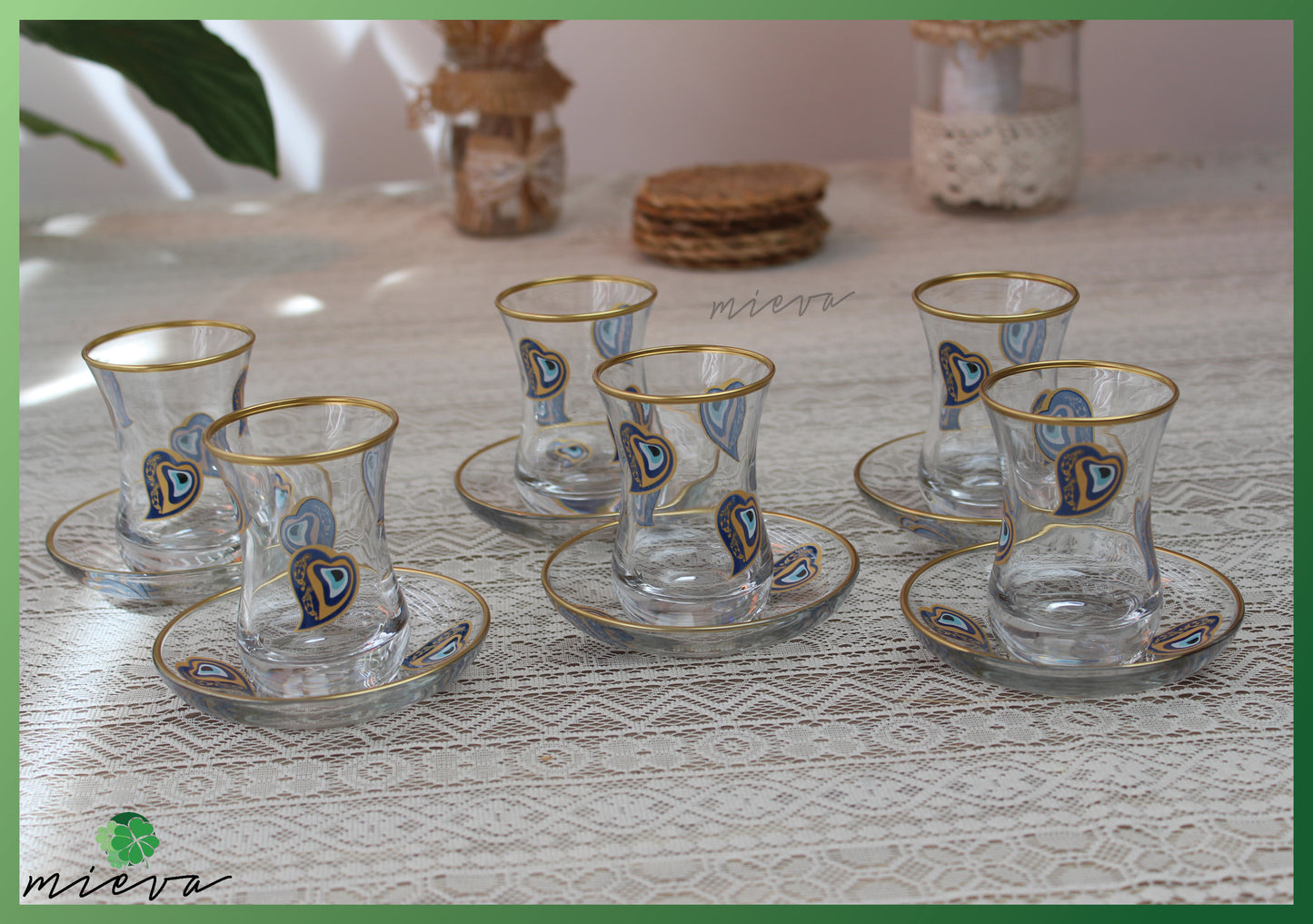 Elegant Glass Tea Set with Gold Rim - 6 Cups (Blue and Gold Paisley Design)