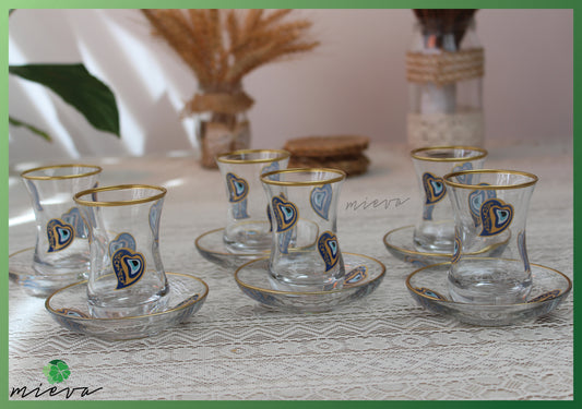 Elegant Glass Tea Set with Gold Rim - 6 Cups (Blue and Gold Paisley Design)