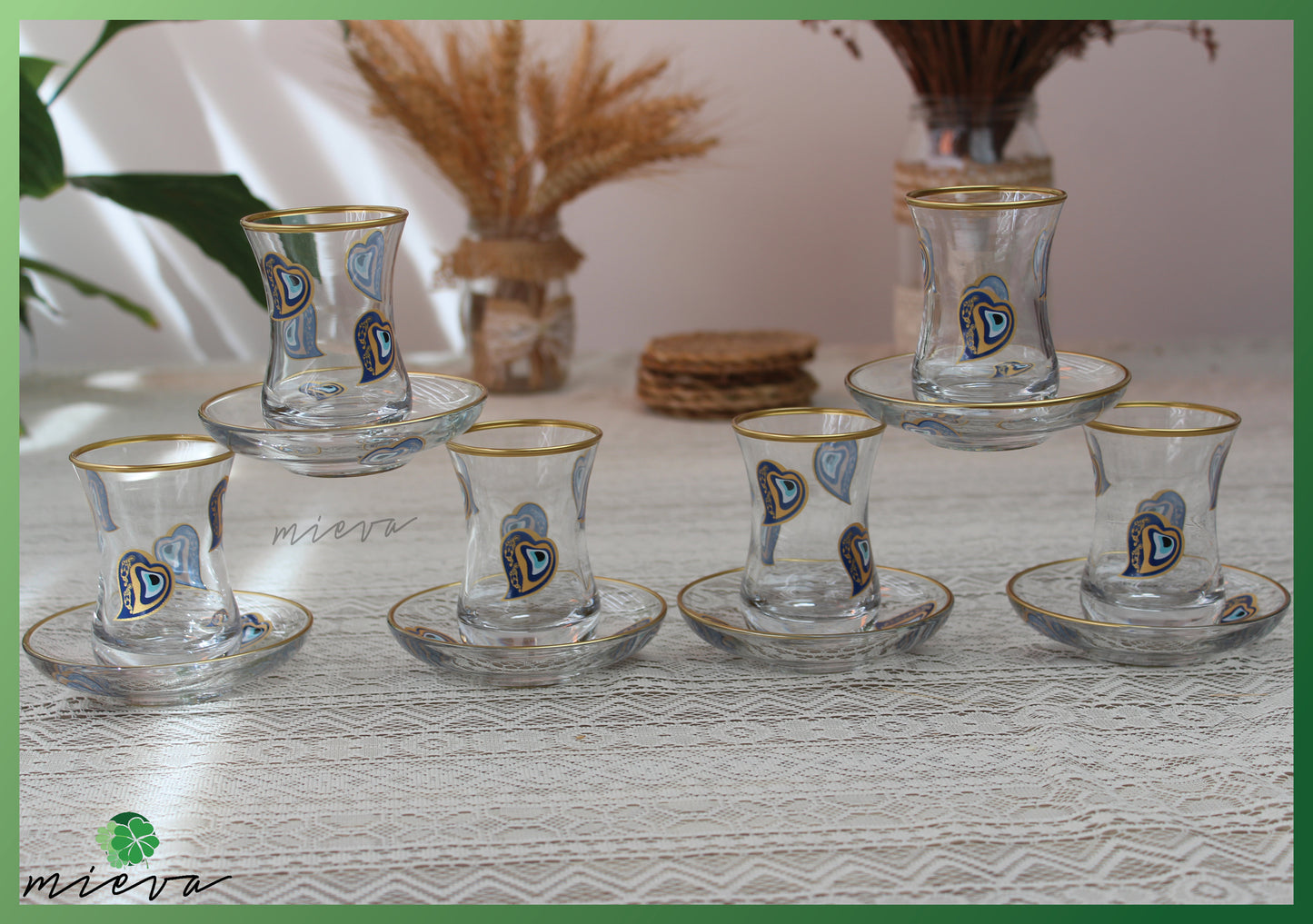 Elegant Glass Tea Set with Gold Rim - 6 Cups (Blue and Gold Paisley Design)