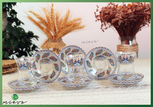 Ornate Cultural Tea Glass Set - Peacock Feather Radiance