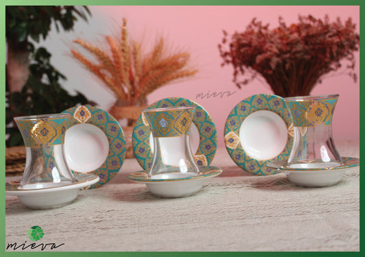 Regal Elegance Glass Tea Set of 6 - Turquoise and Gold Floral Paisley