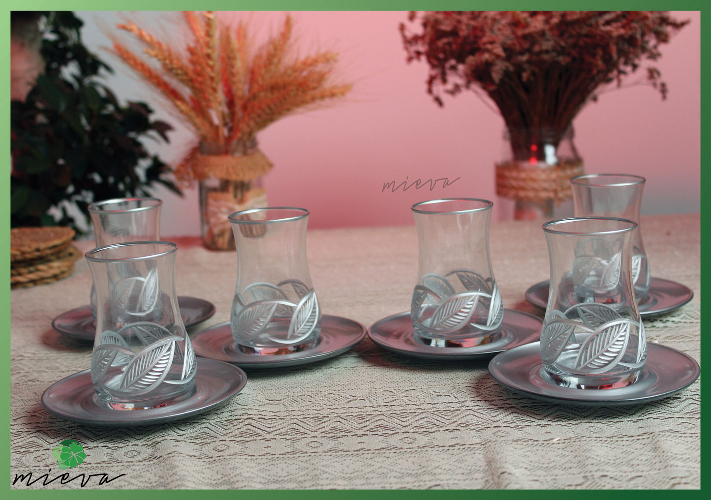 Contemporary Glass Tea Set with Colored Saucers - 6 Cups (Silver Leaf Embossed Design)