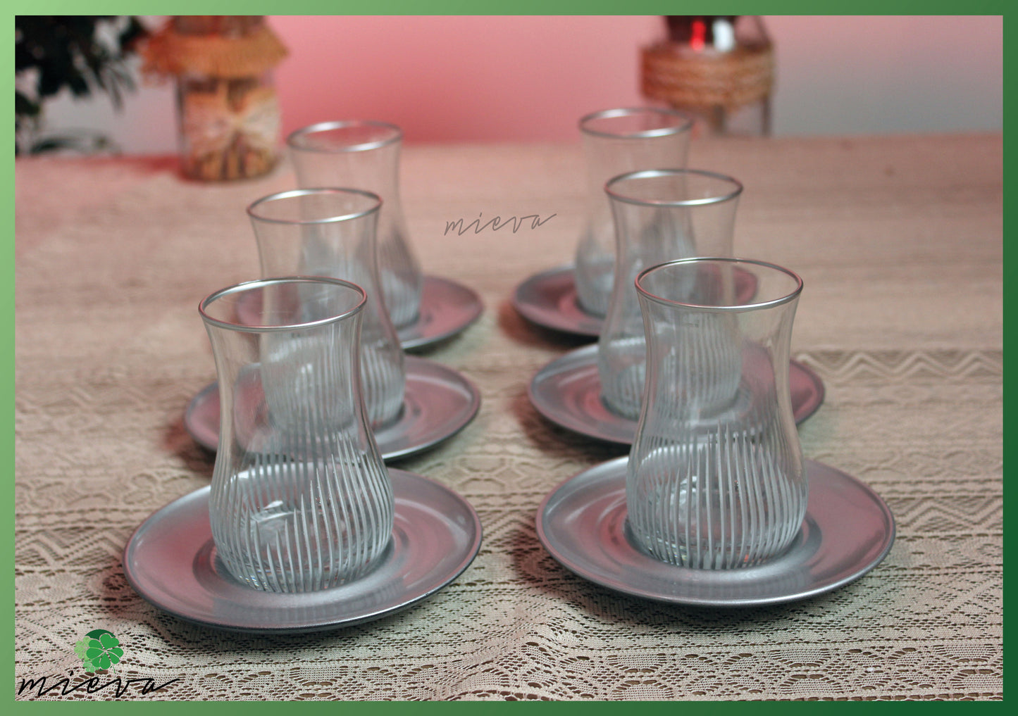 Contemporary Glass Tea Set with Colored Saucers - 6 Cups (Linear Embossed Design)