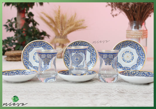 Elegant Artisanal Tea Cup Set - Geoflora Azure Pattern, Set of 6