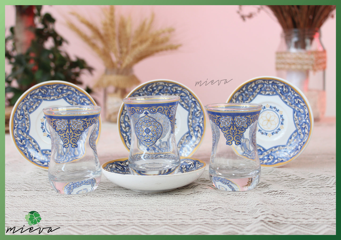 Elegant Artisanal Tea Cup Set - Geoflora Azure Pattern, Set of 6