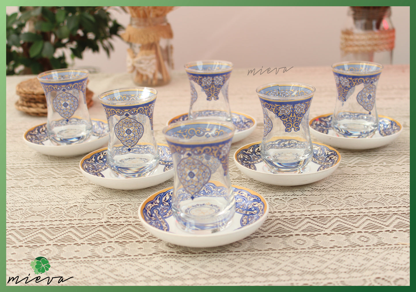 Elegant Artisanal Tea Cup Set - Geoflora Azure Pattern, Set of 6