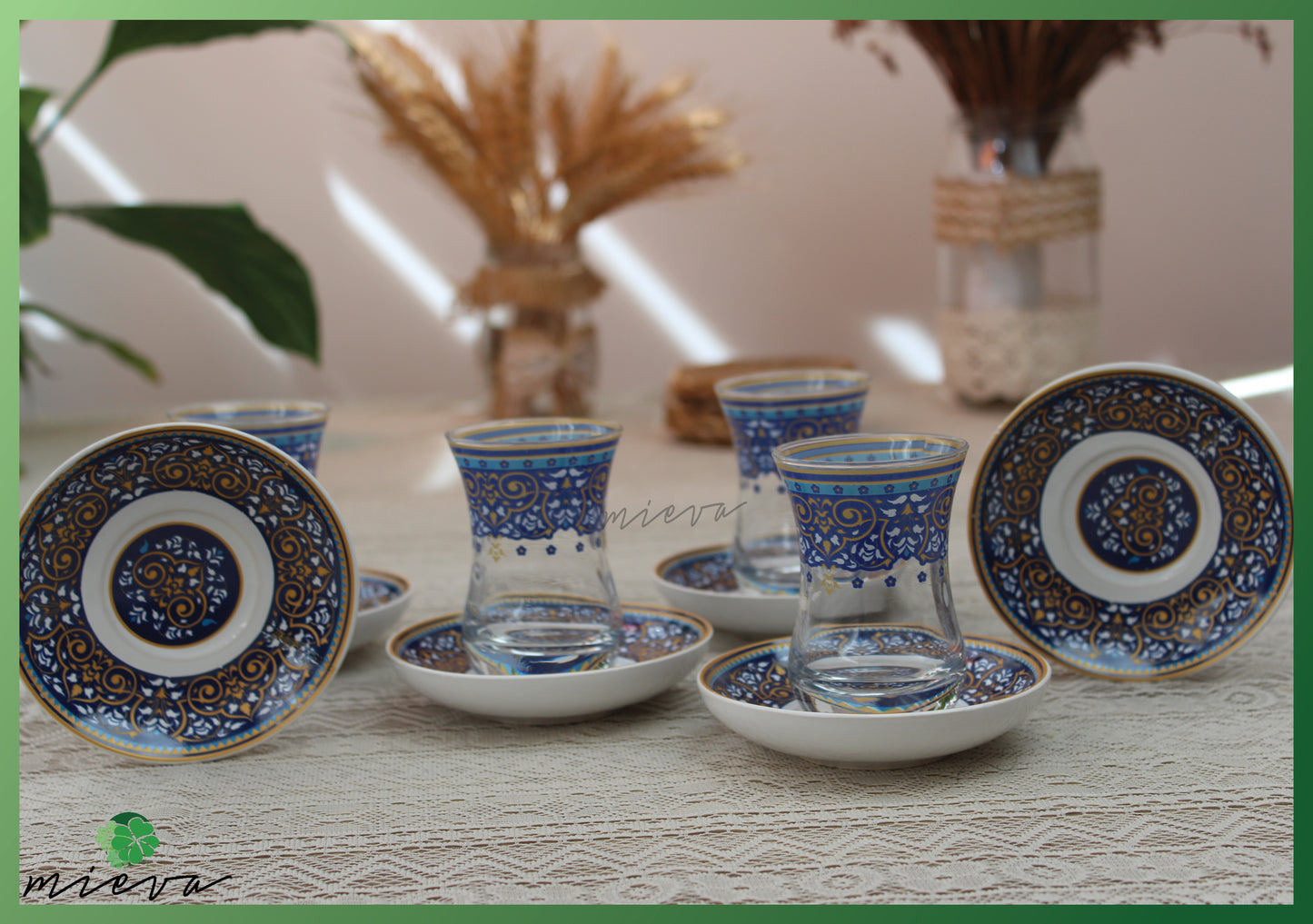 Elegant Artisanal Tea Cup Set - Circular Elegance Cobalt Pattern, Set of 6