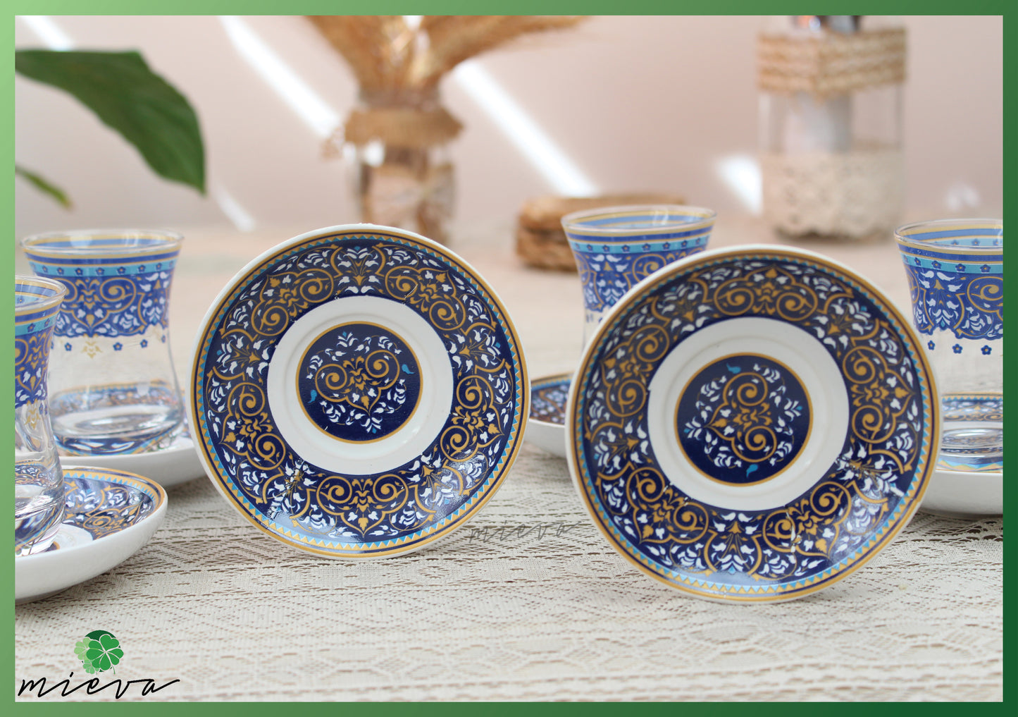 Elegant Artisanal Tea Cup Set - Circular Elegance Cobalt Pattern, Set of 6