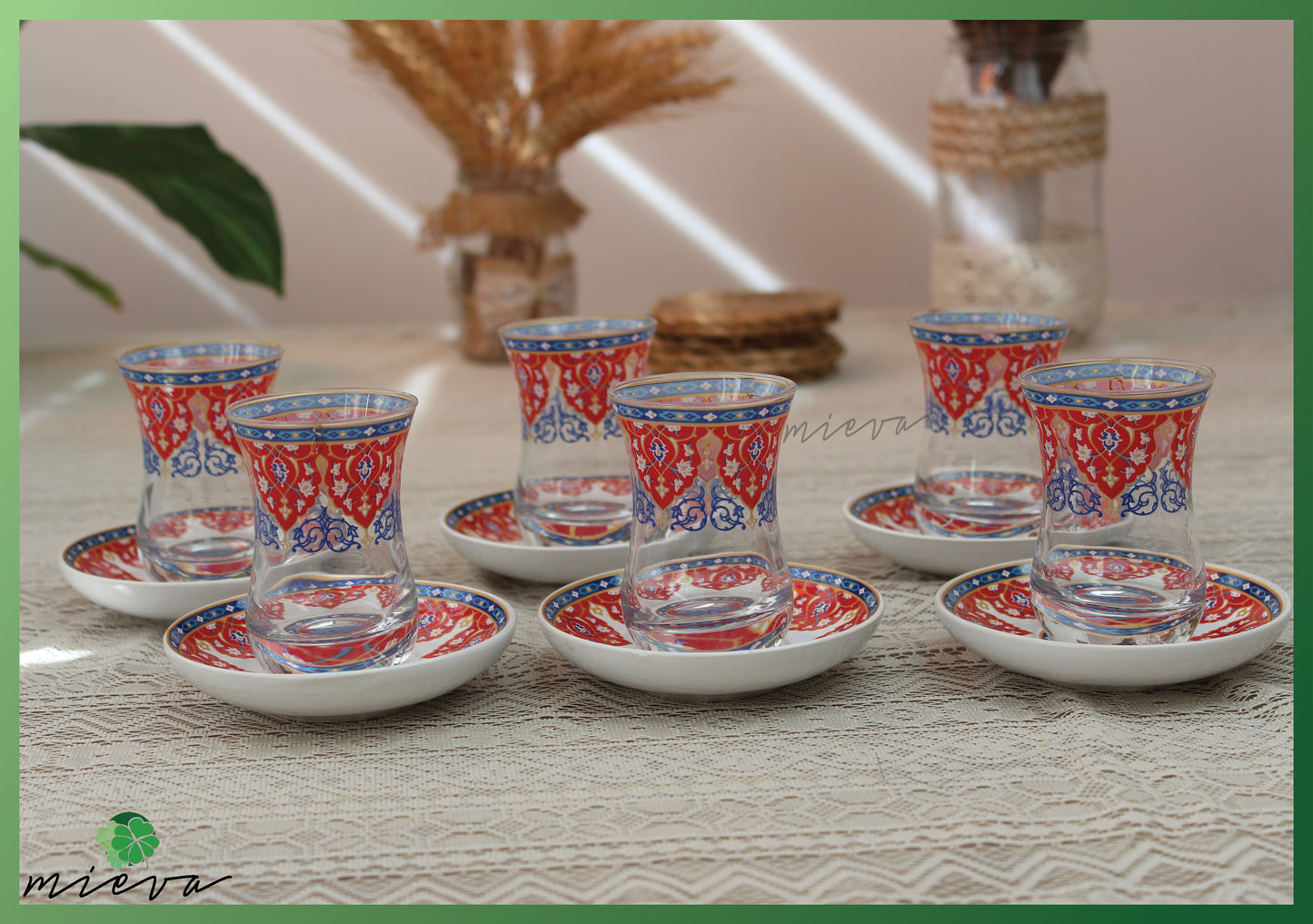 Elegant Artisanal Tea Cup Set - Ornate Medallion Ruby Pattern, Set of 6