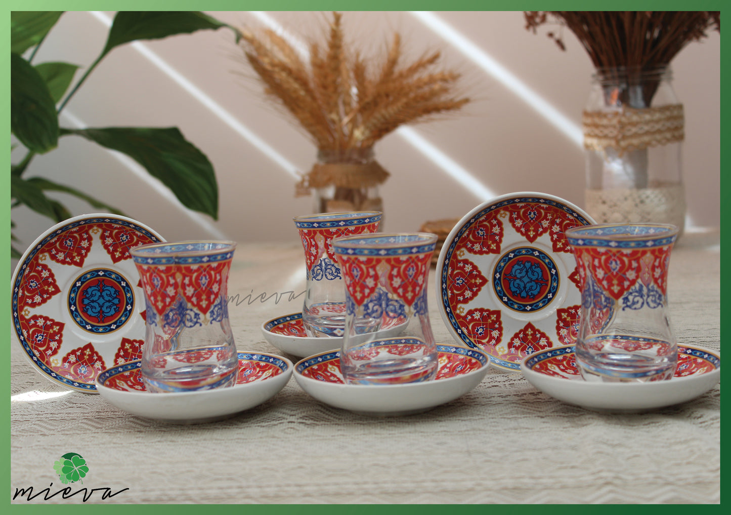 Elegant Artisanal Tea Cup Set - Ornate Medallion Ruby Pattern, Set of 6