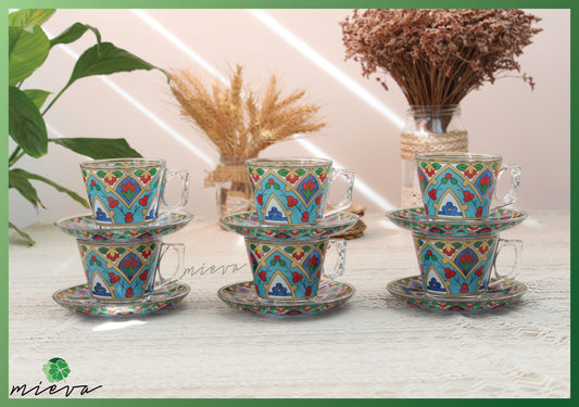 Elegant Artisanal Cup Set of 6 with Saucer - Turquoise Geometric