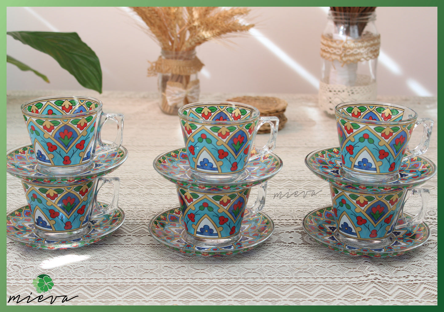 Elegant Artisanal Cup Set of 6 with Saucer - Turquoise Geometric