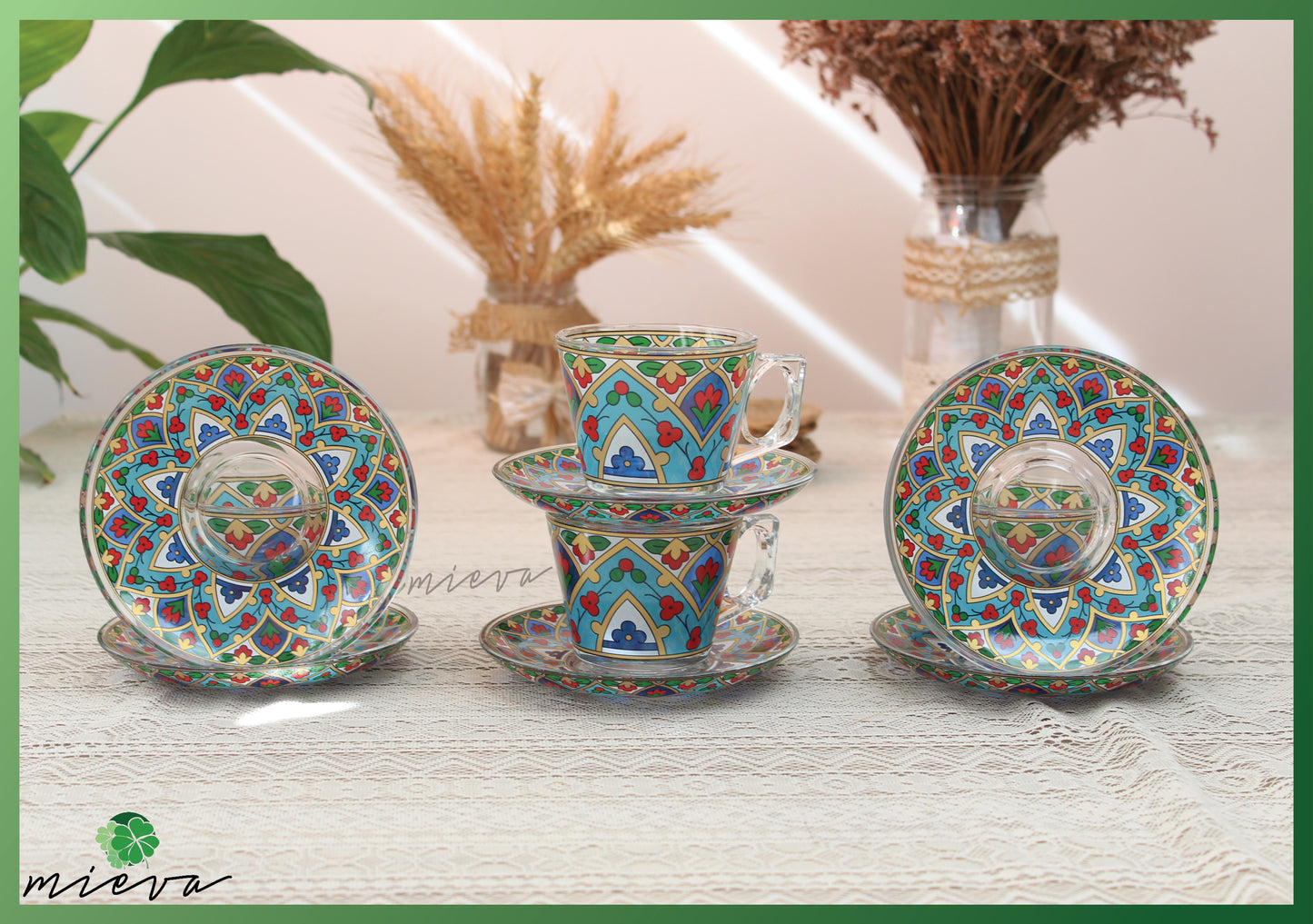 Elegant Artisanal Cup Set of 6 with Saucer - Turquoise Geometric