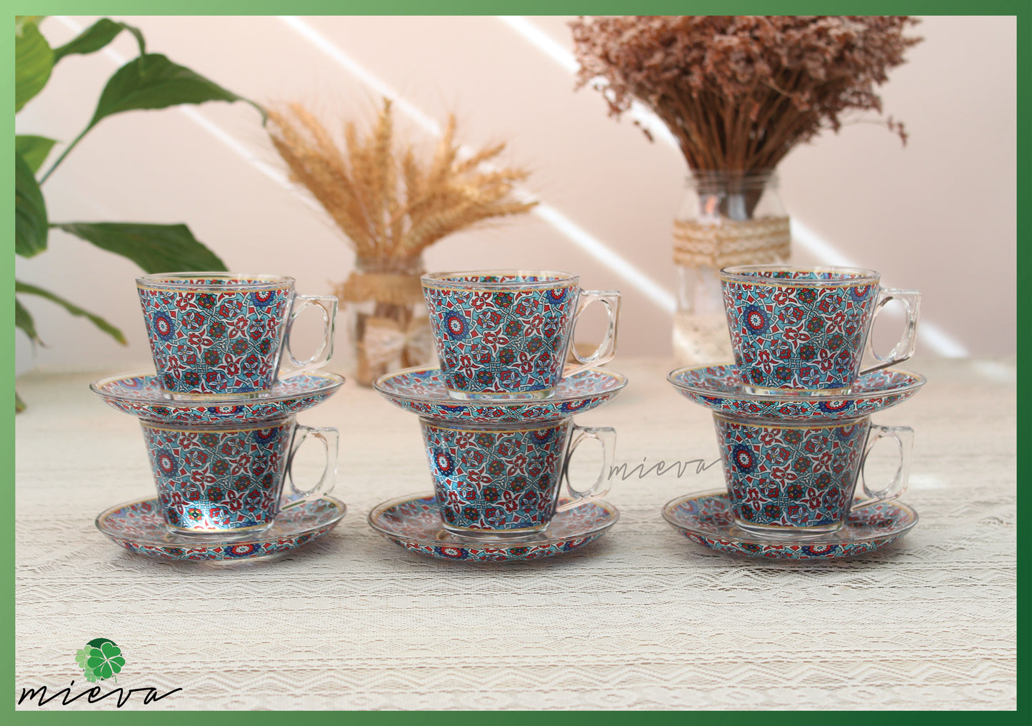 Elegant Artisanal Cup Set of 6 with Saucer - Navy Floral