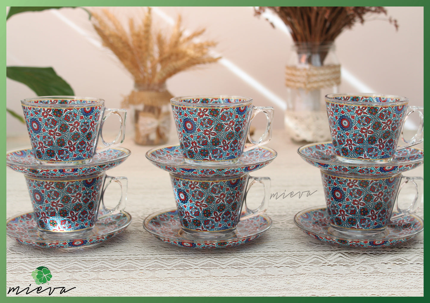 Elegant Artisanal Cup Set of 6 with Saucer - Navy Floral