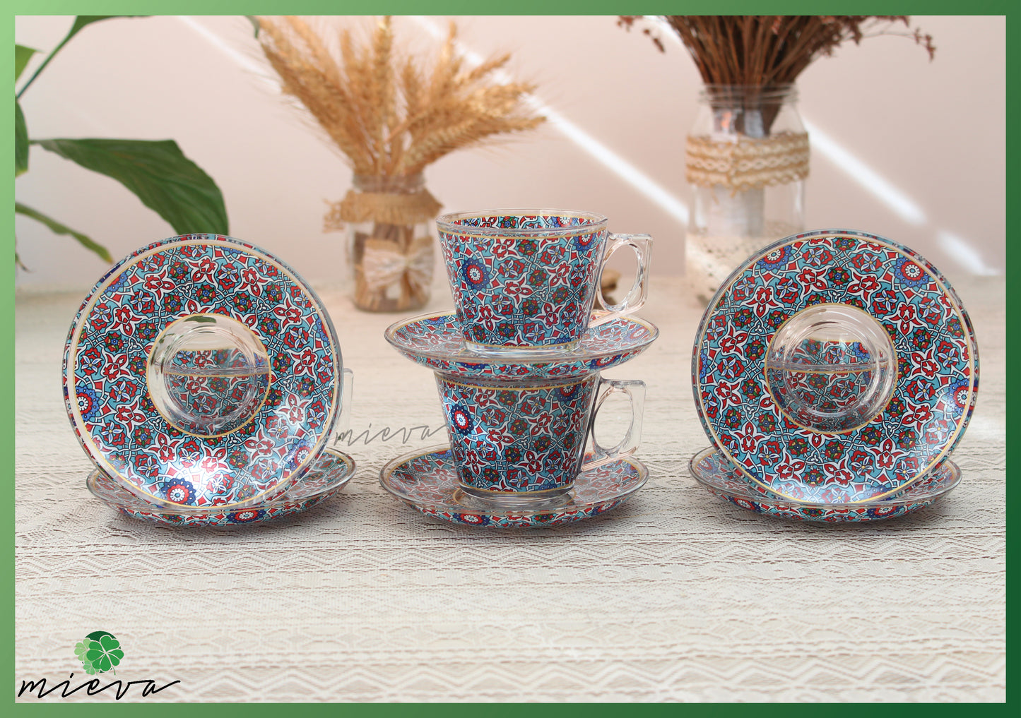 Elegant Artisanal Cup Set of 6 with Saucer - Navy Floral