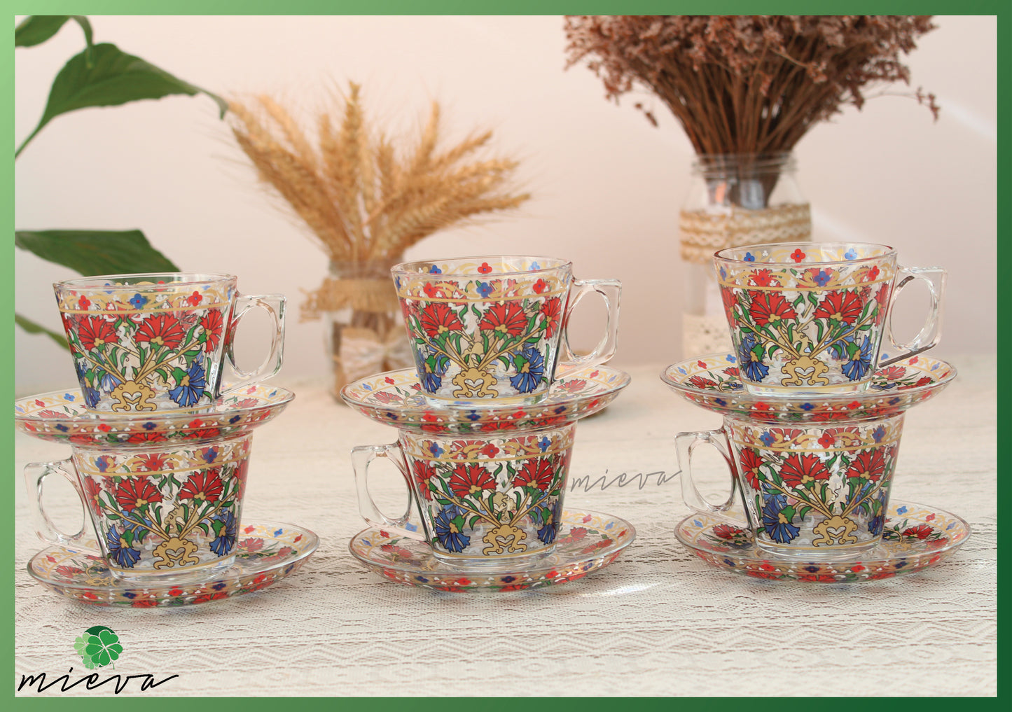 Elegant Artisanal Cup Set of 6 with Saucer - Botanical