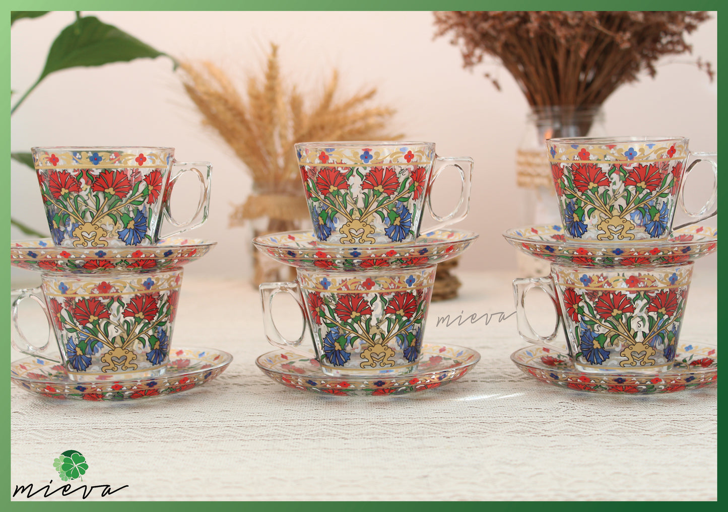 Elegant Artisanal Cup Set of 6 with Saucer - Botanical