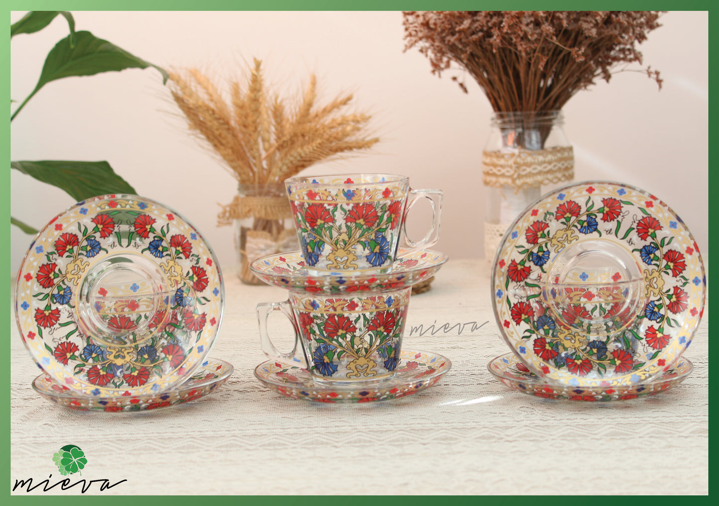 Elegant Artisanal Cup Set of 6 with Saucer - Botanical