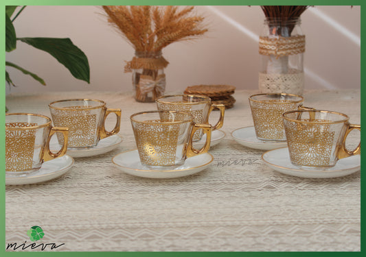 Elegant Artisanal Cup Set of 6 with Saucer - Cream Gold Filigree