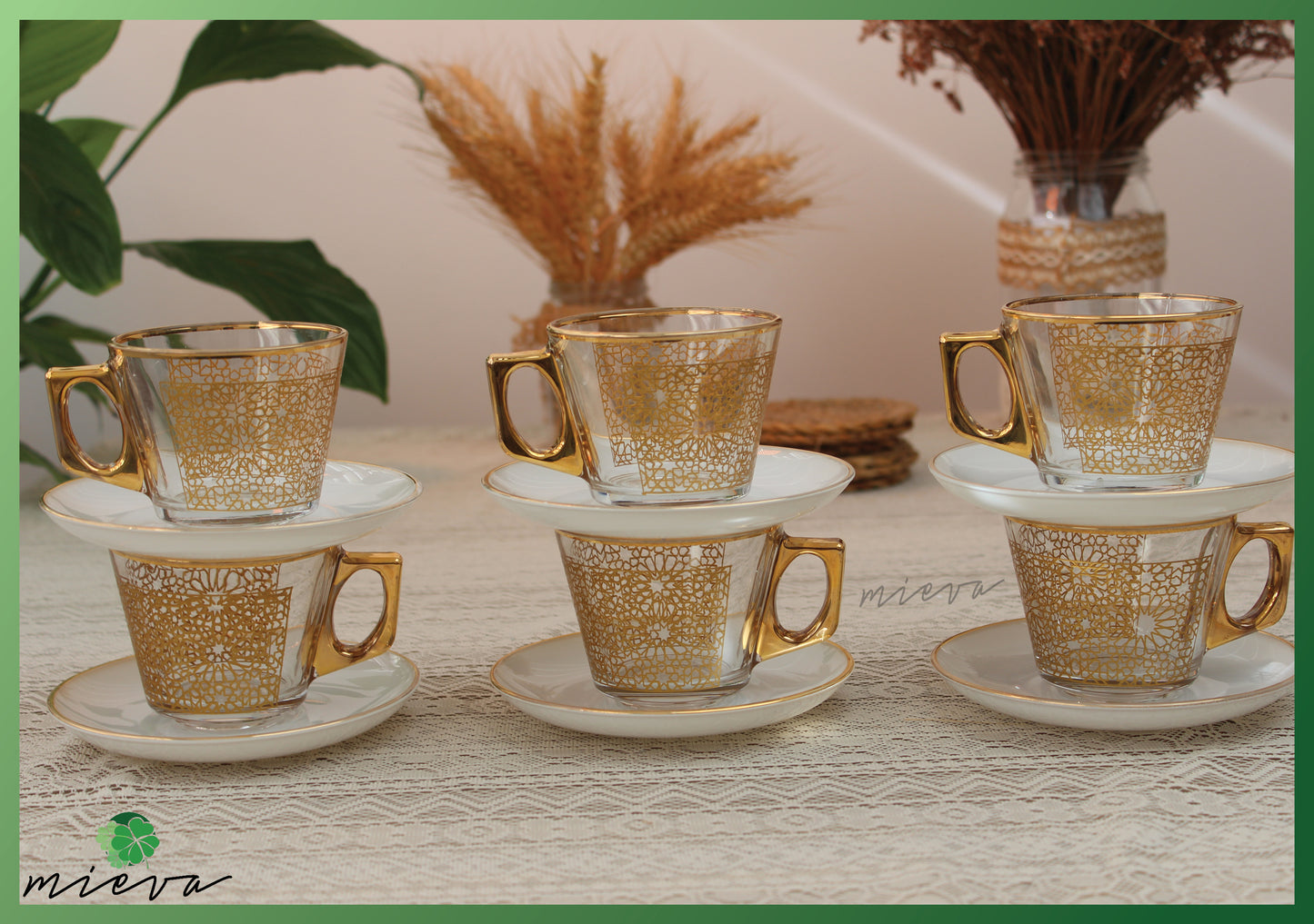 Elegant Artisanal Cup Set of 6 with Saucer - Cream Gold Filigree