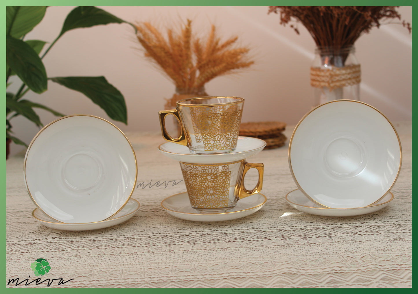 Elegant Artisanal Cup Set of 6 with Saucer - Cream Gold Filigree